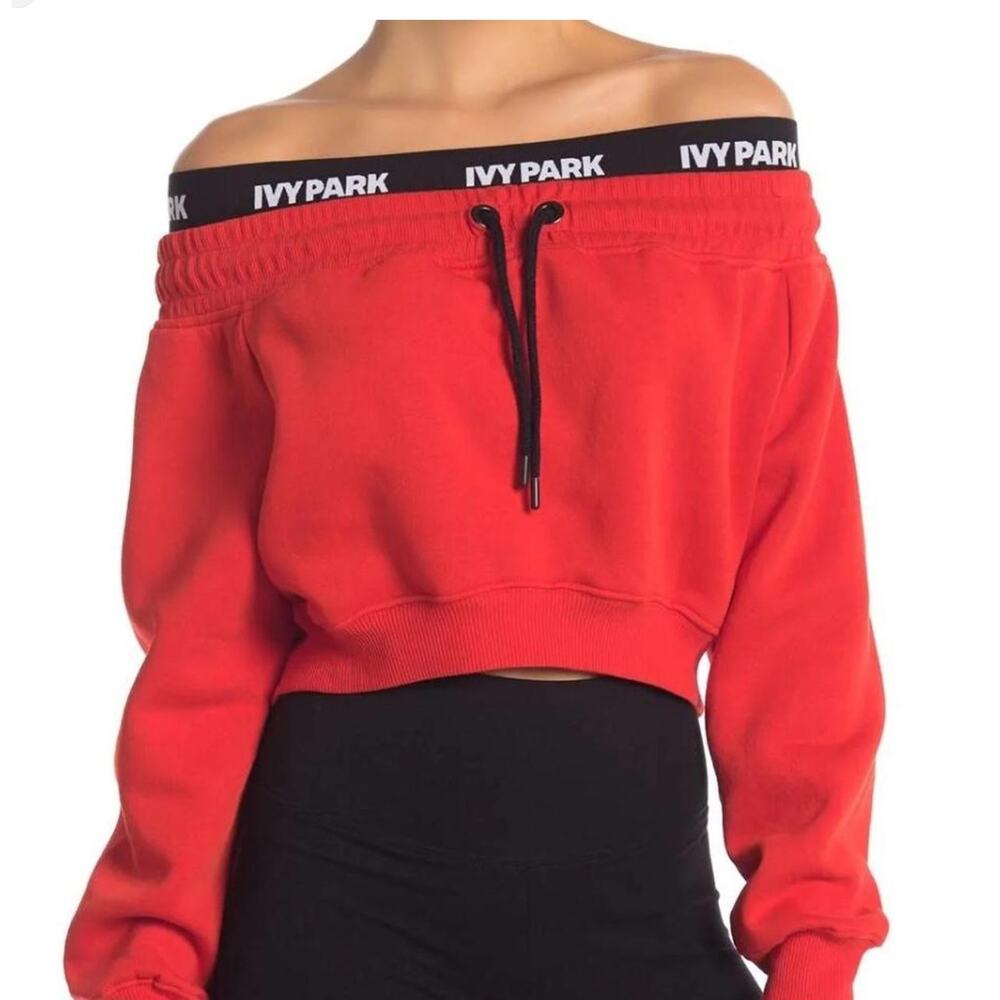 Ivy Park Women's Off the Shoulder Drawstring Cropped Sweatshirt‎ Red Size Small